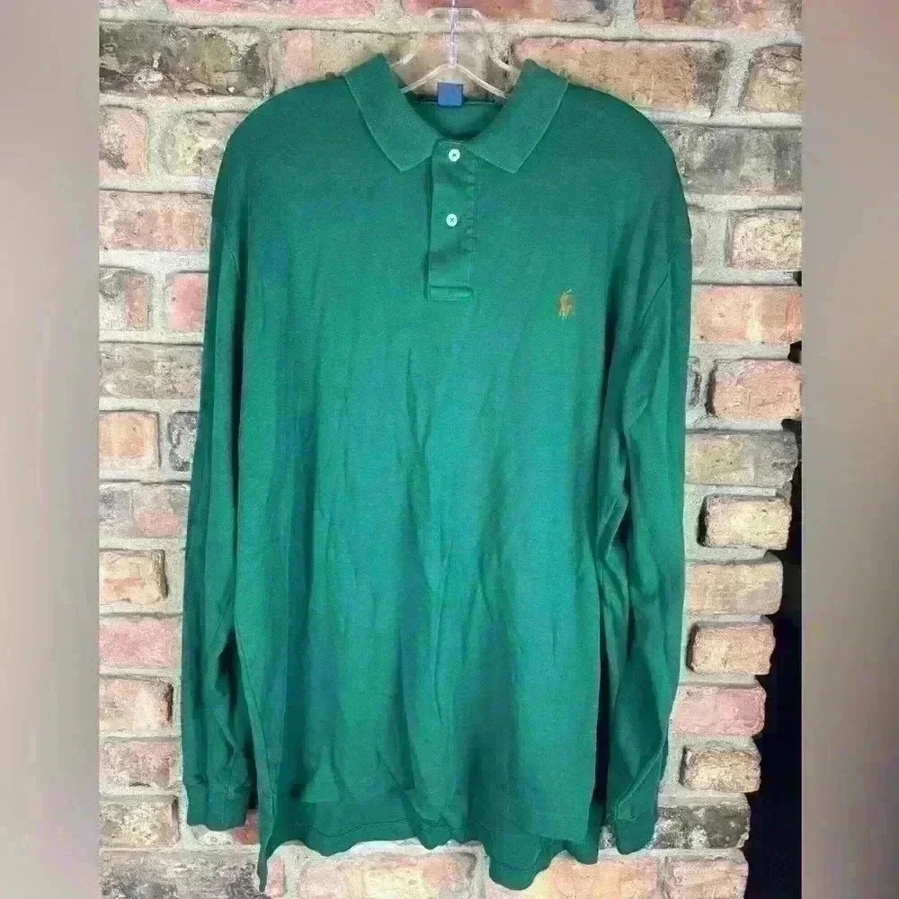 Ralph Lauren Men's Polo Long Sleeve Shirt, Green Size XL, Orange Logo
